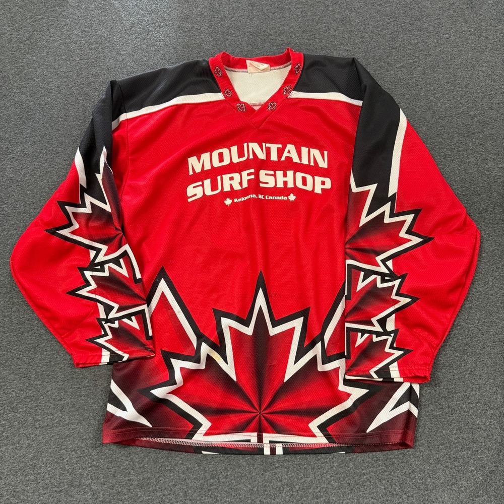 90s ProJoy Mountain Surf Shop Hockey Jersey Mens Large Red Good Maple Leaf